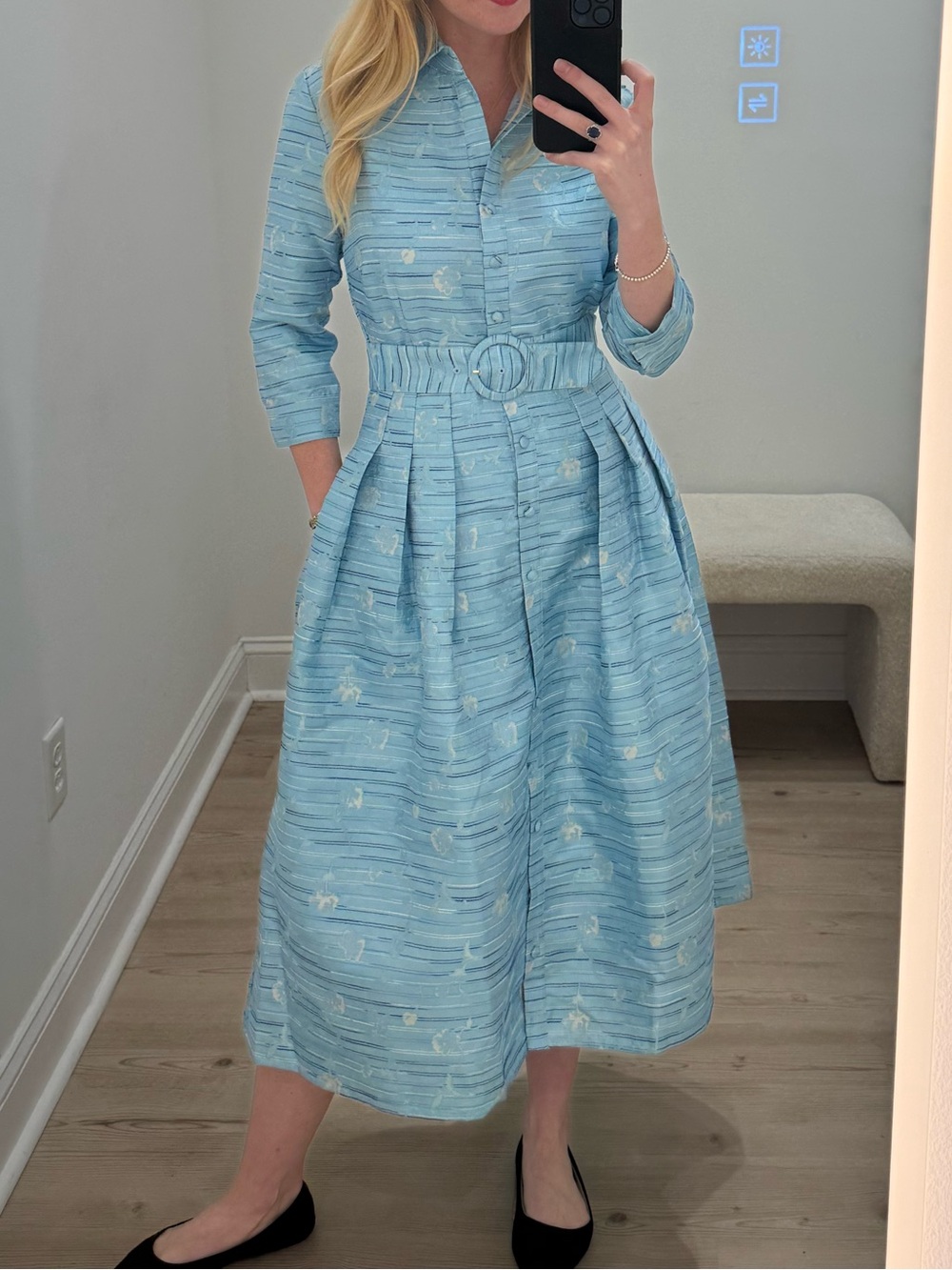 Sky Blue Belted Midi Shirt Dress with Collar - Picture 1 of 1